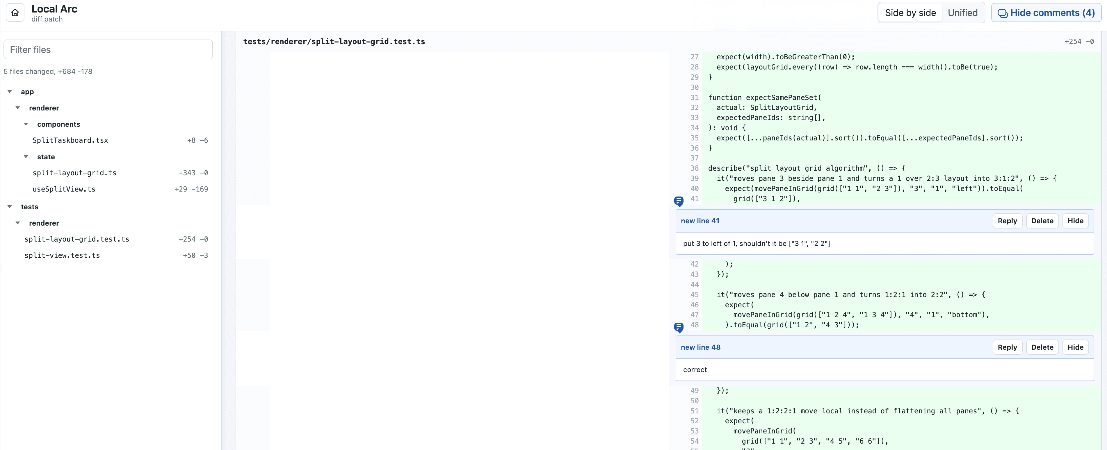 Inline comments anchored to specific lines in the diff