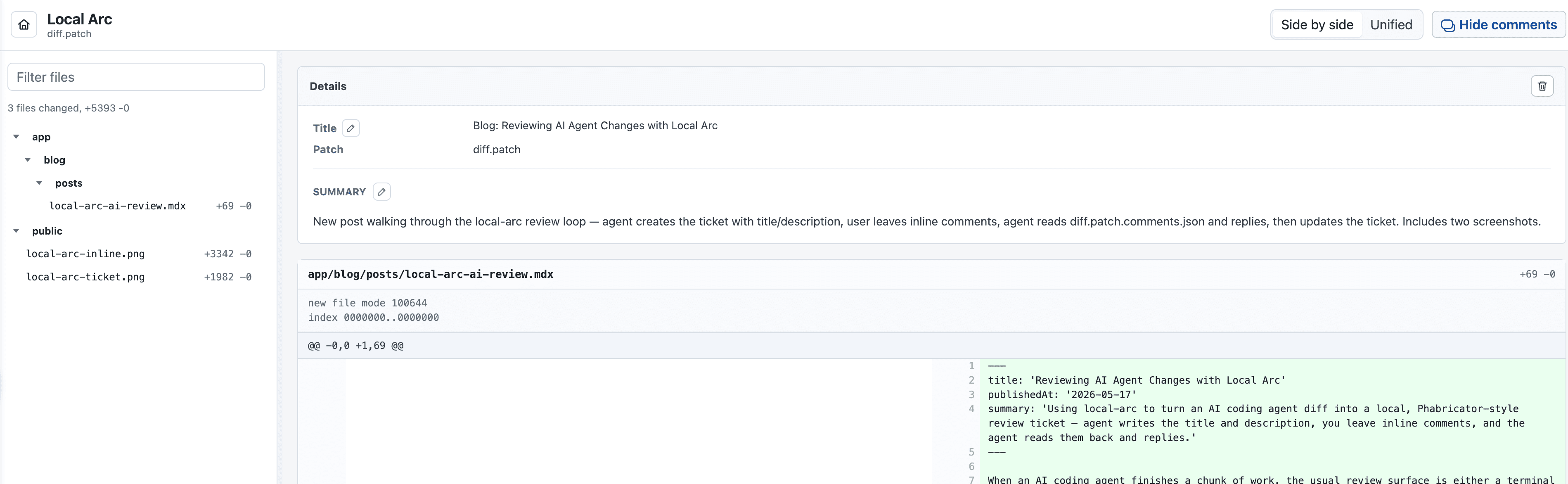 Local Arc ticket page with title, summary, and inline comment activity